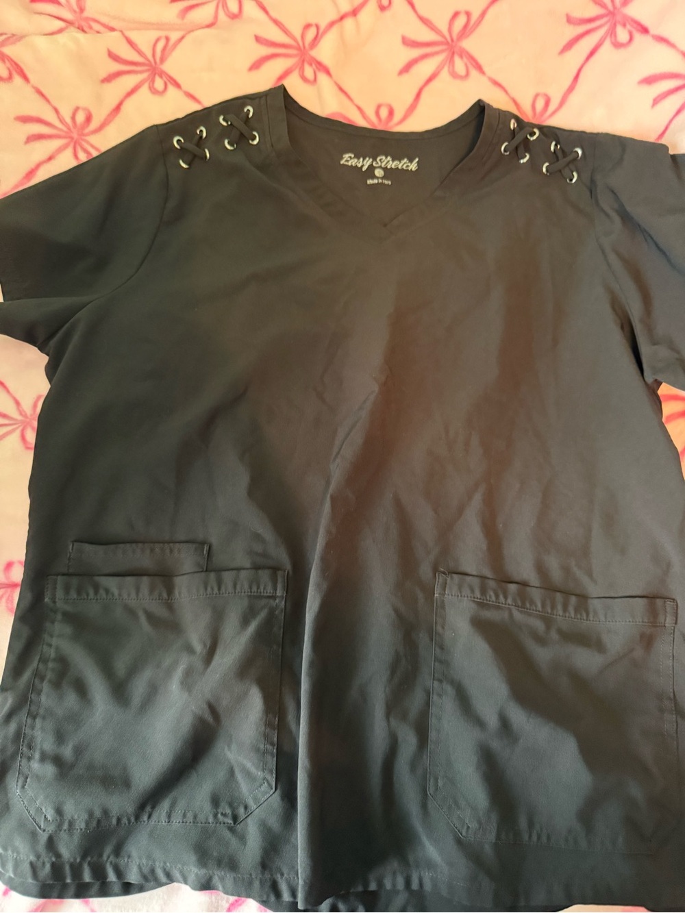 Easy Stretch Women's Black V-Neck Tunic with Lace-Up Shoulder and Front Pockets